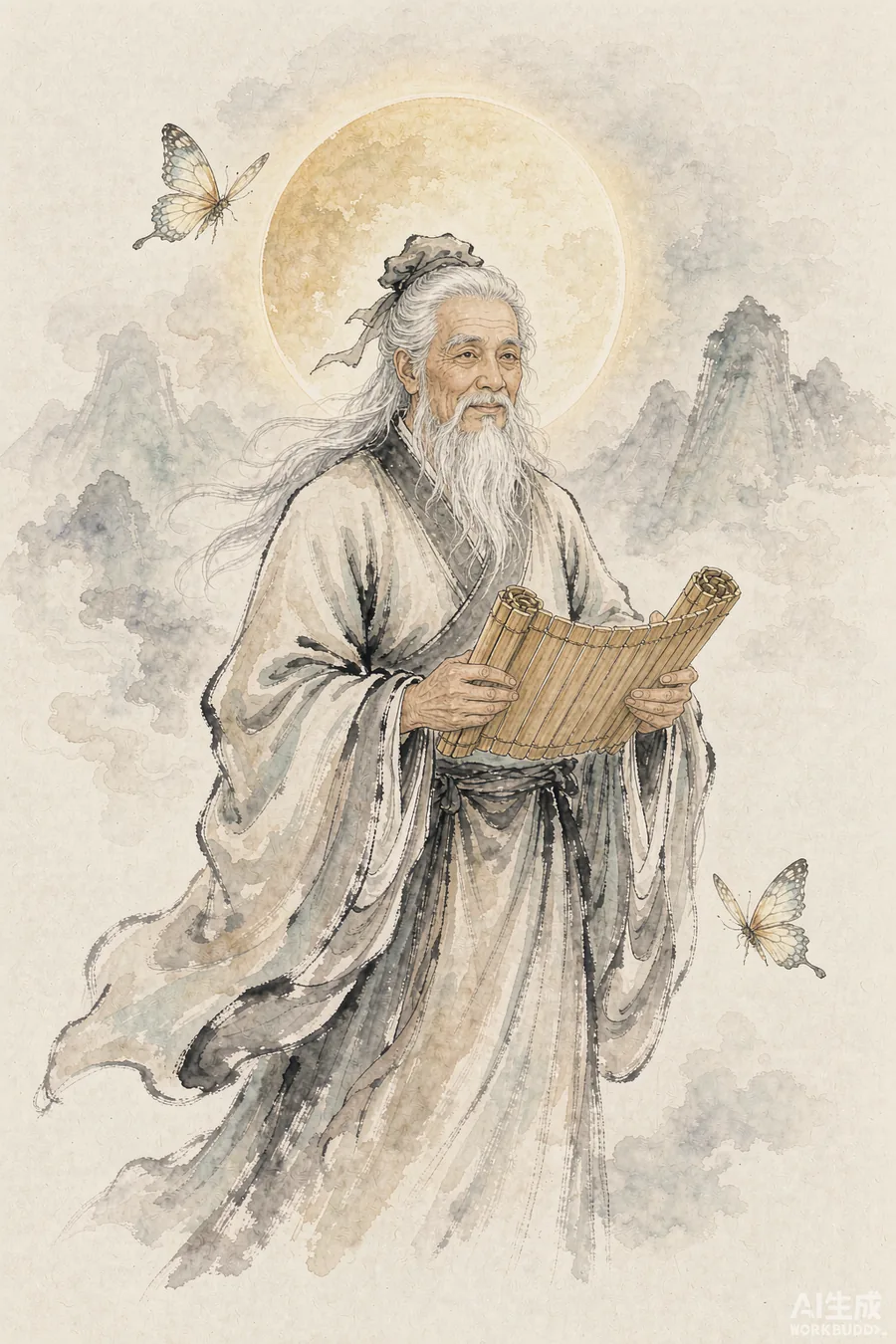 周公解夢_問周公：手持竹簡的周公智者水墨畫像